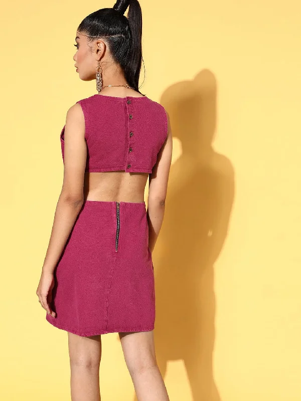 Dresses for bespoke-Women Fuchsia Back Cut-Out Shift Denim Dress