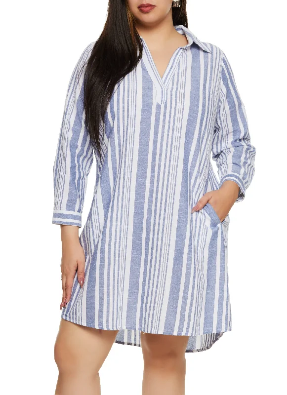 Dresses for petite women-Plus Size Striped Linen Shirt Dress