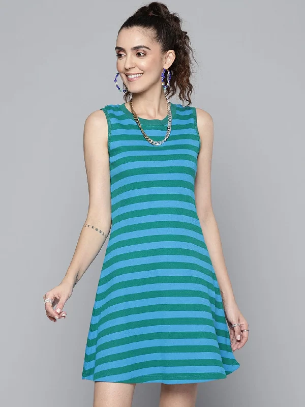 Dresses for updated style-Women Green & Blue Rib A-Line Dress