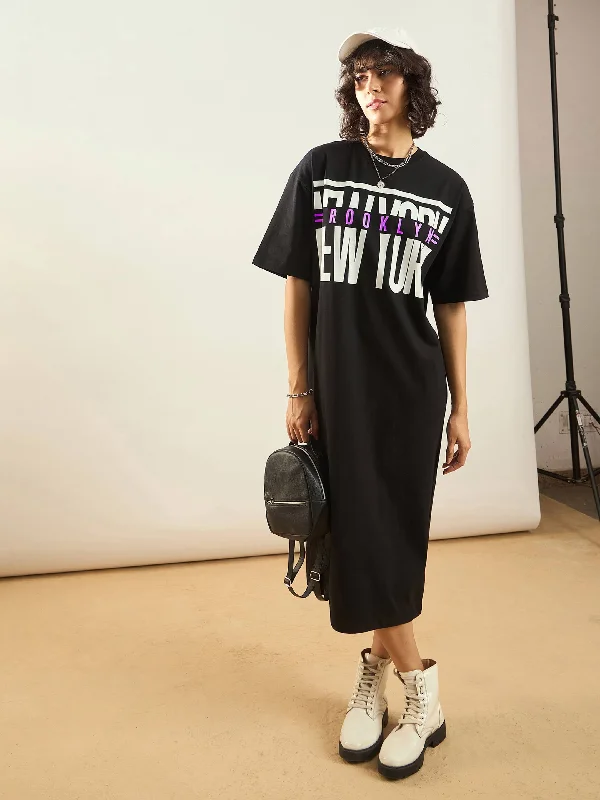 Dresses for generational-Women Black NEW YORK Printed T-Shirt Dress