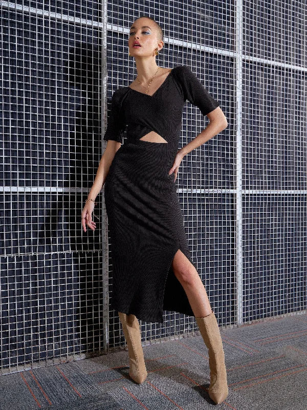 Dresses for future trend-Women Black Side Slit V-Neck Rib Maxi Dress