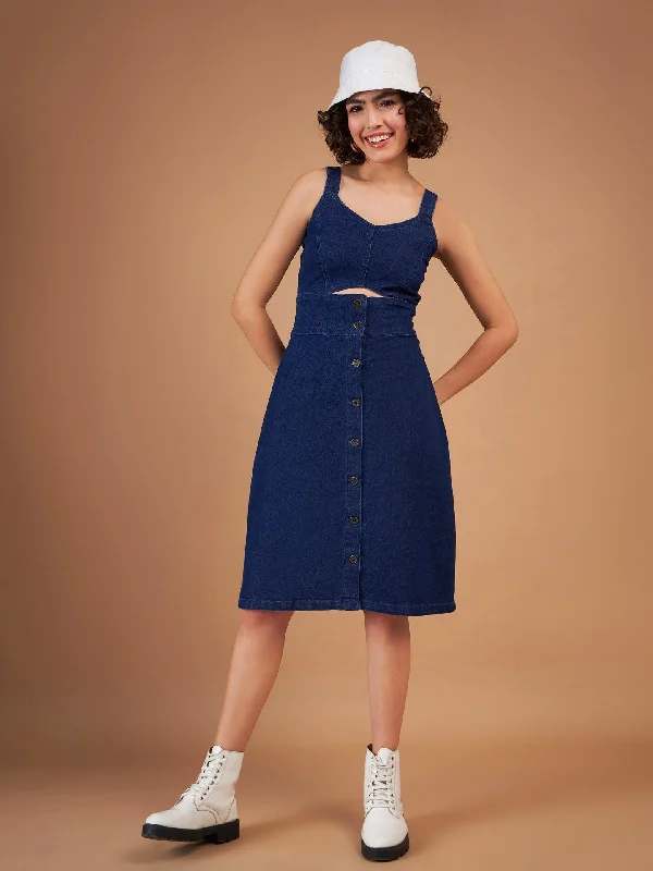 Dresses for tailgate-Women Navy Denim Wash Strappy Dress