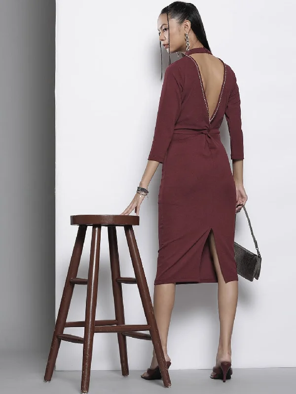 Dresses for Instagram-Women Burgundy Back Cut-Out Bodycon Dress