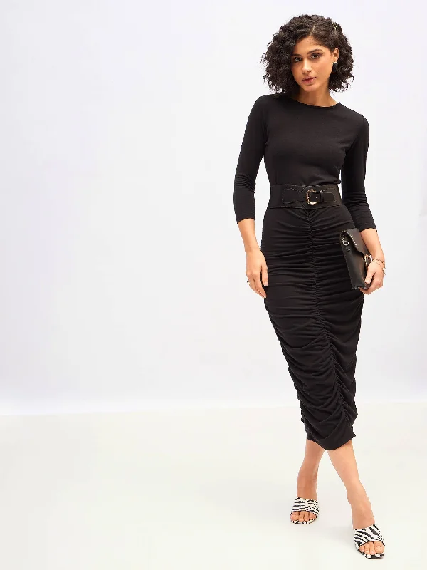 Dresses for cosplay-Women Black Ruched Bodycon Midi Dress