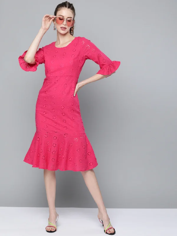 Dresses for holiday-Fuchsia Schiffli Frill Hem Midi Dress