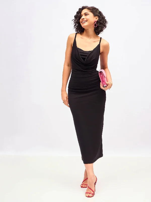 Dresses for dance-Women Black Cowl Neck Bodycon Maxi Dress