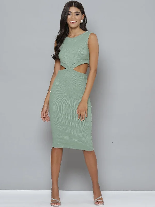 Dresses for local pickup-Women Olive Rib Side Cut Out Dress