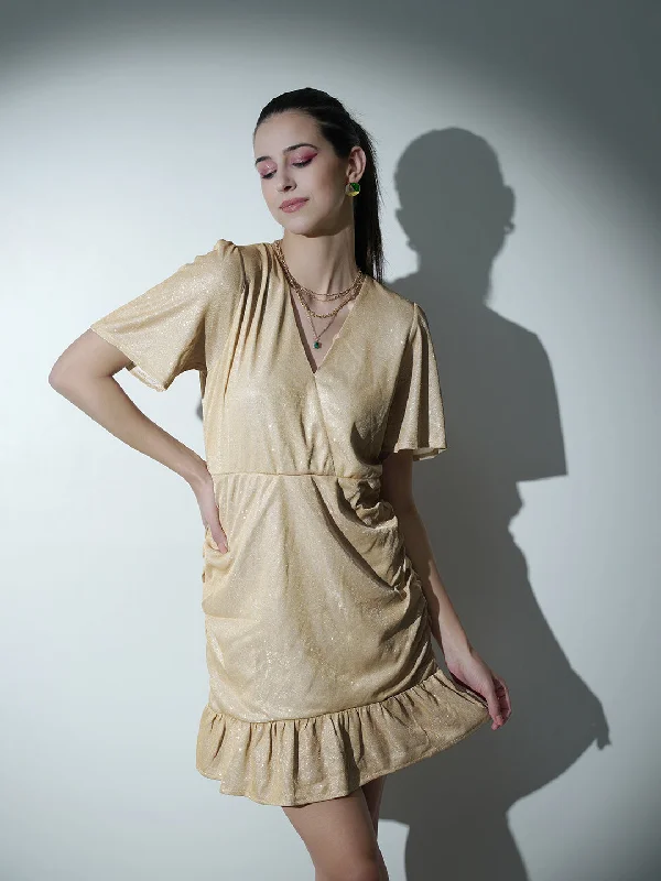 Dresses for modeling-Women Beige Gold Wrap A-Line Mini Dress