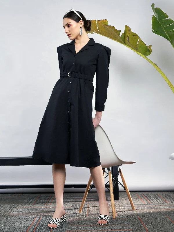 Dresses for stagette-Women Black Poplin Ruched Belted Shirt Dress