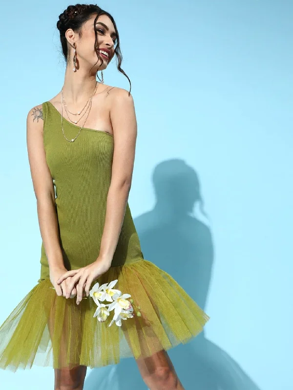 Dresses for future trend-Green Tulle One Shoulder Dress