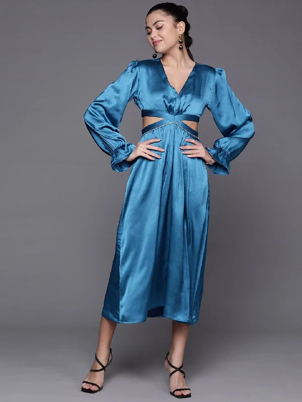 Dresses for happy hour-Women Blue Satin Cut Out Midi Dress