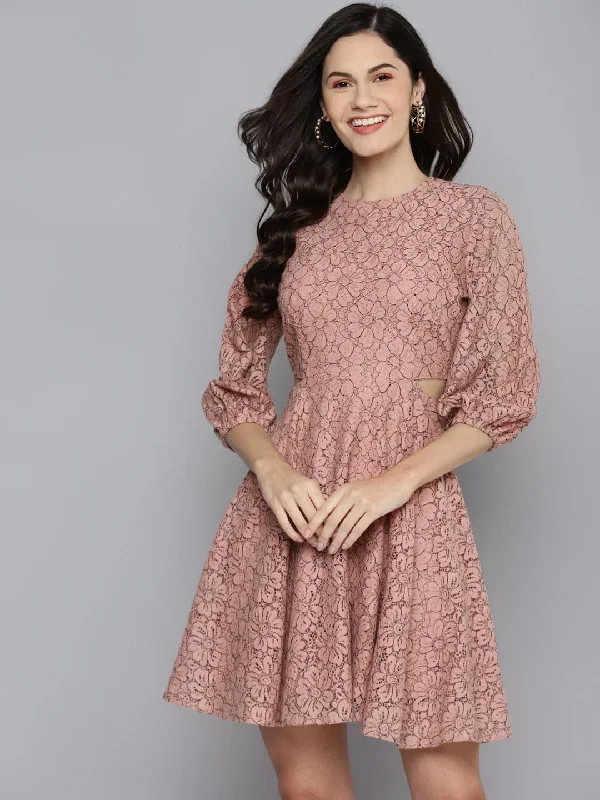 Dresses for unique pattern-Women Dusty Pink Lace Waist Cut-Out Dress