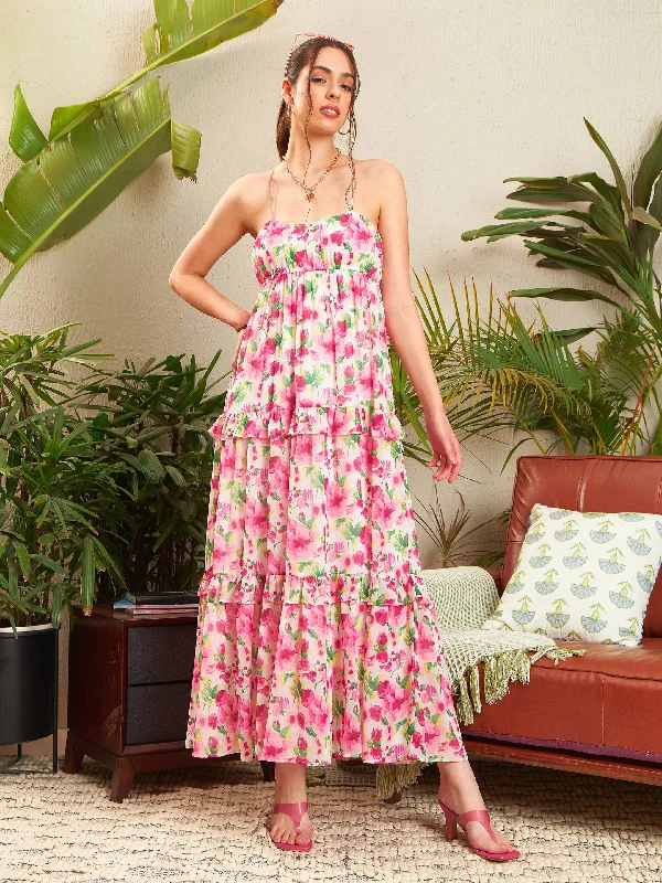 Dresses for Thanksgiving-Women Pink Floral Strappy Ruflle Maxi Dress