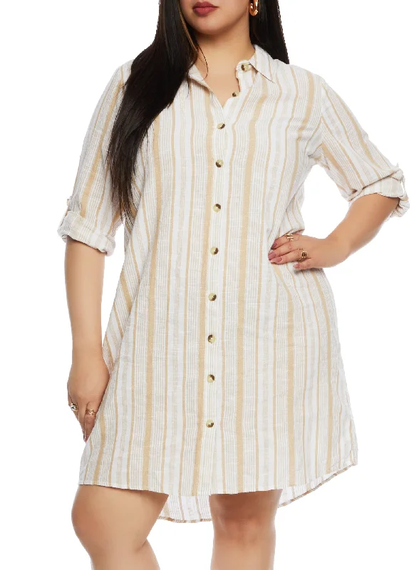 Dresses for fall-Plus Size Linen Striped Shirt Dress