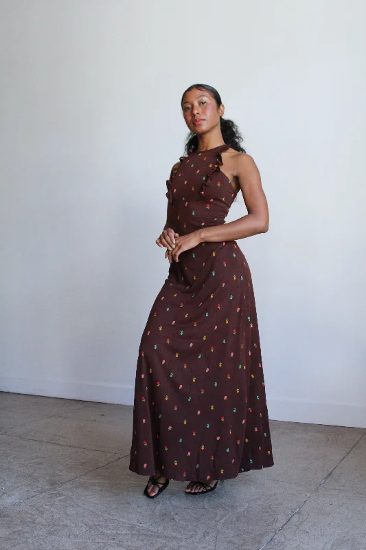 Dresses for medieval-1970s Brown Knit Floral Print Sundress