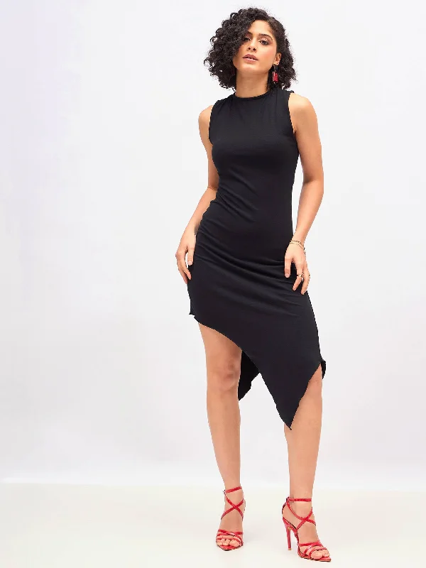 Dresses for salsa dancing-Women Black Asymmetric Back Cut-Out Dress