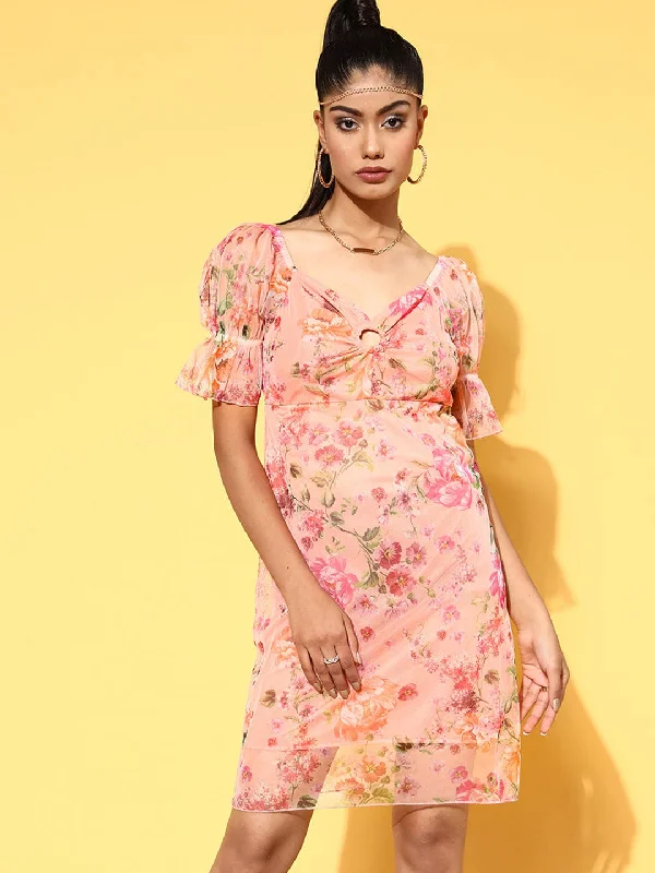 Dresses for monogram-Women Pink Floral Mesh Off Shoulder Ring Dress