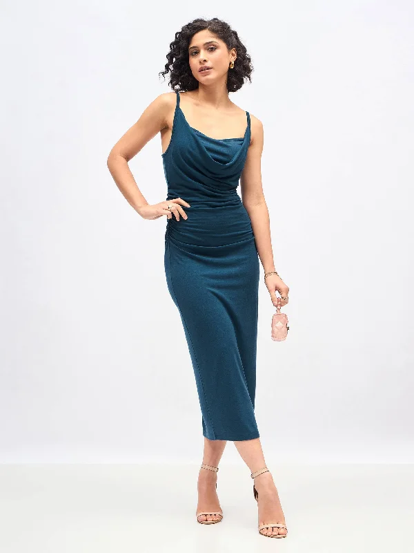 Dresses for family gathering-Women Teal Cowl Neck Bodycon Maxi Dress