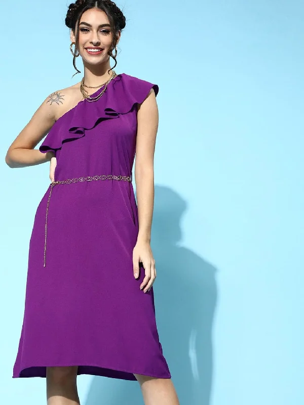 Dresses for evening-Purple One Shoulder Frill Belted Dress