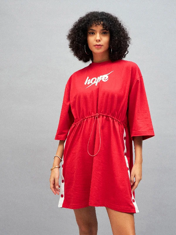 Dresses for retirement-Women Red Knitted HOPE T-Shirt Dress