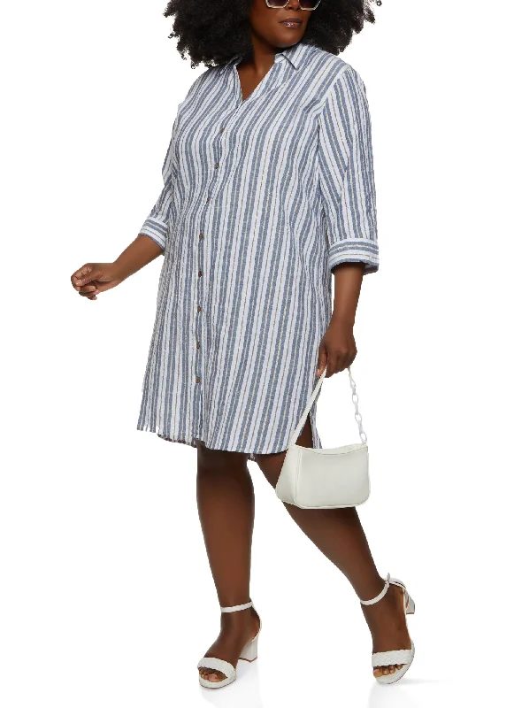 Dresses for gen z-Plus Size Stripe Button Front Shirt Dress