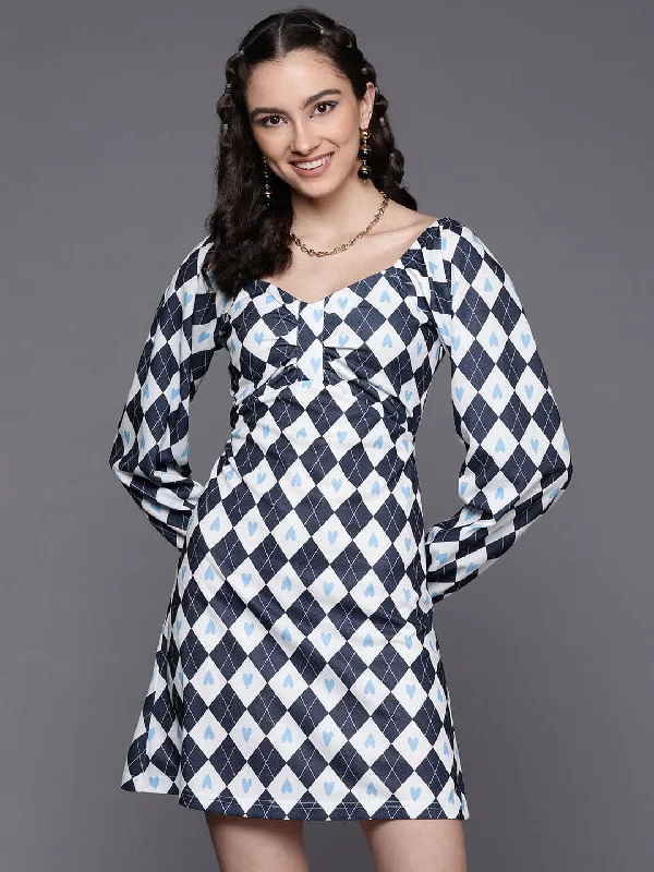 Dresses for cultural fest-Women Navy Geometric Front Bow Dress