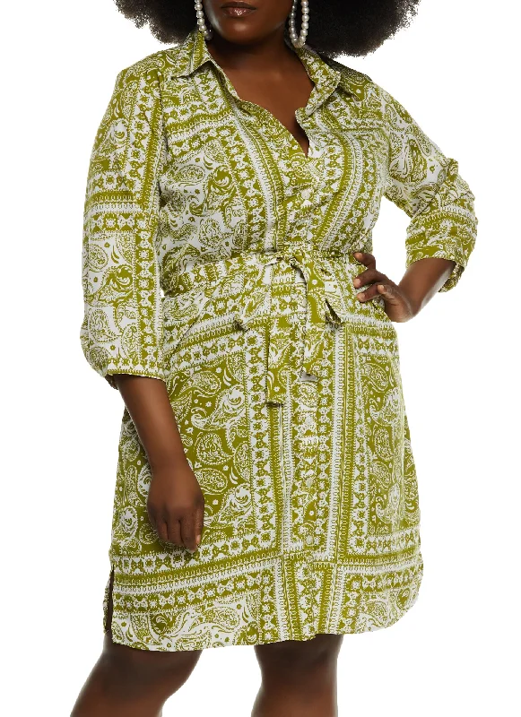 Dresses for thigh high-Plus Size Paisley Print Belted Shirt Dress