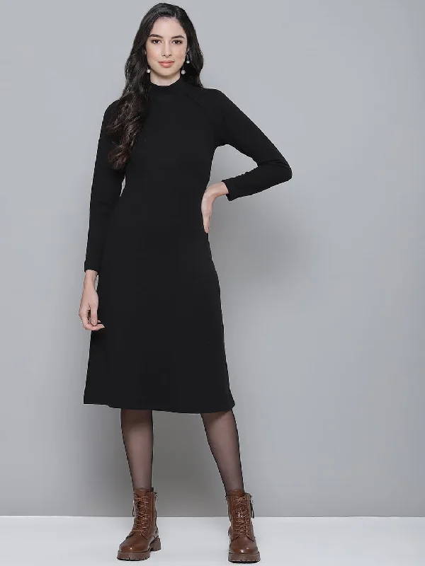 Dresses for beach-Black Rib Turtle Neck Raglan Sleeve Midi Dress