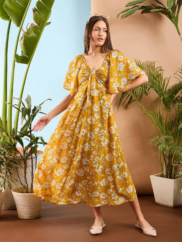 Dresses for iconic look-Women Yellow Floral Front Tie Midi Dress