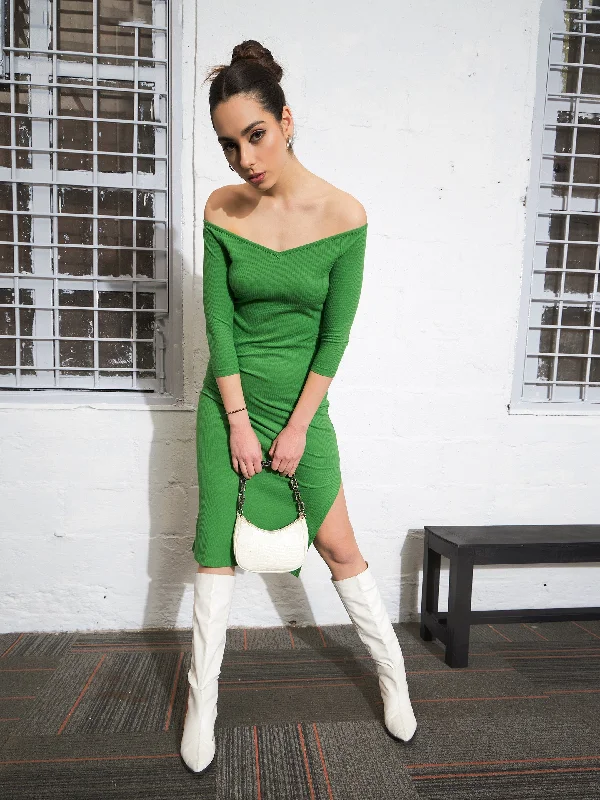 Dresses for peplum design-Women Green Rib Off-Shoulder Bodycon Dress