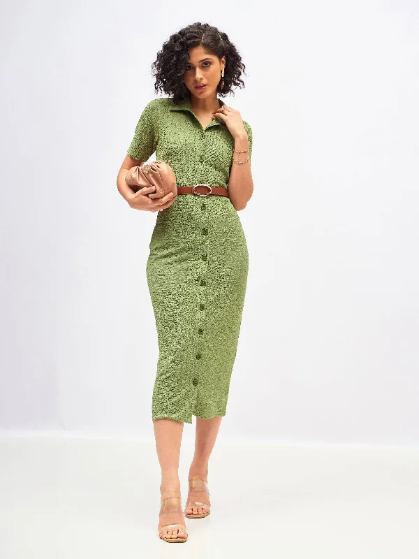 Dresses for bright colors-Women Green Knitted Front Button Bodycon Midi Dress