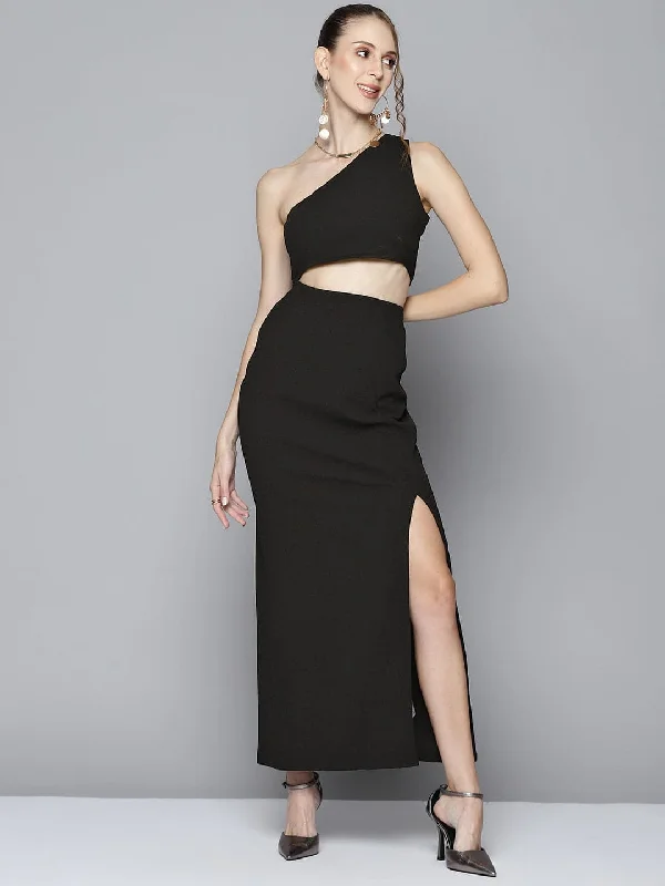 Dresses for capsule collection-Women Black One Shoulder Maxi Dress