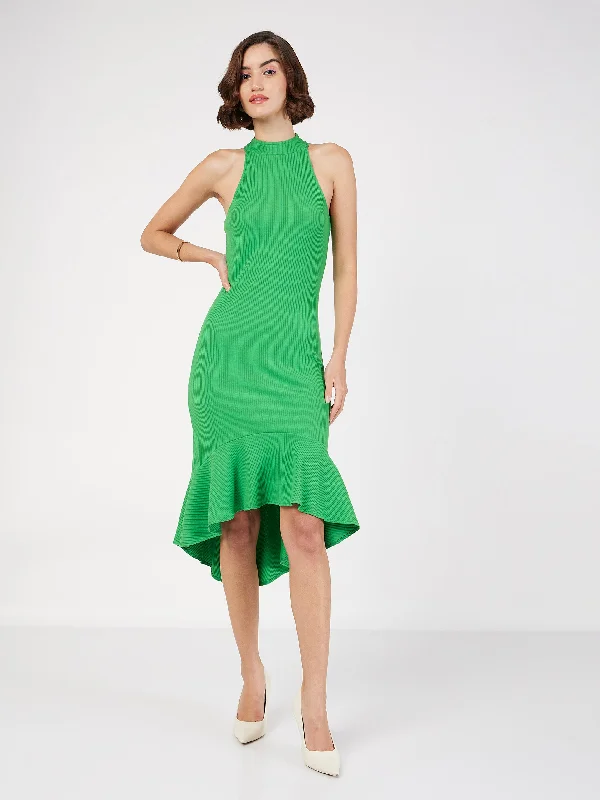 Dresses for brunch date-Women Green Rib Fish Frill Bodycon Midi Dress