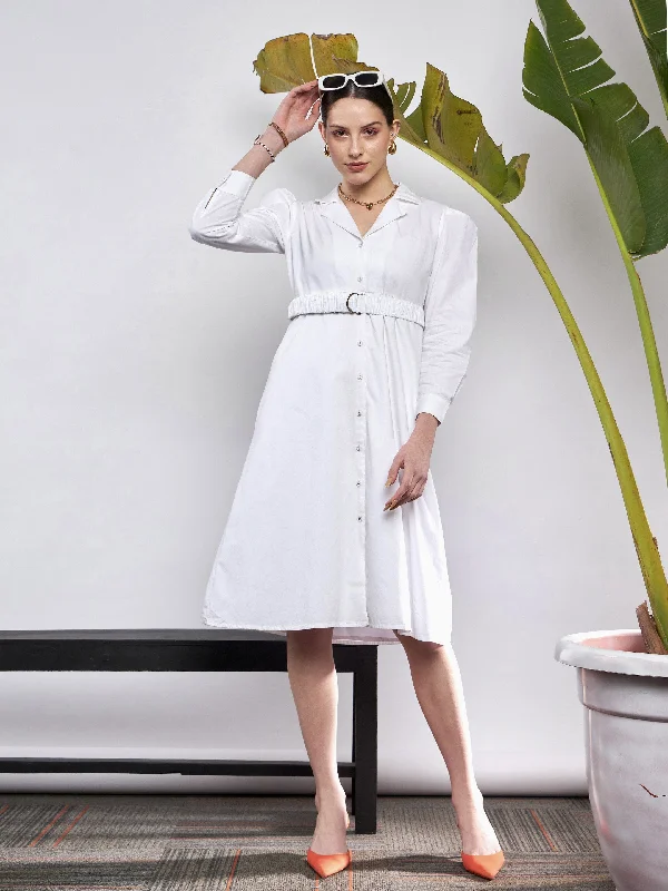 Dresses for hen party-Women White Poplin Ruched Belted Shirt Dress