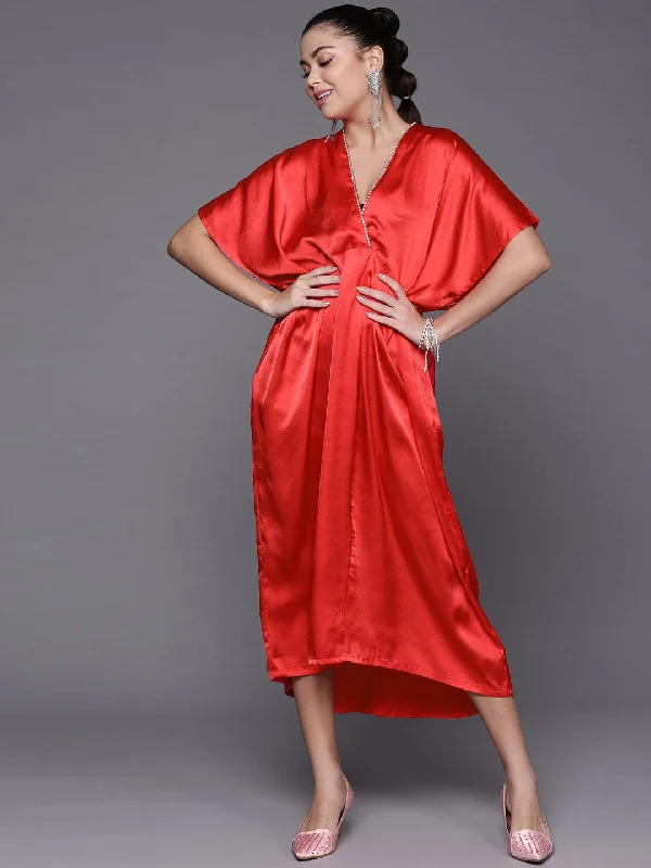 Dresses for beer fest-Women Red Satin Kaftan Midi Dress