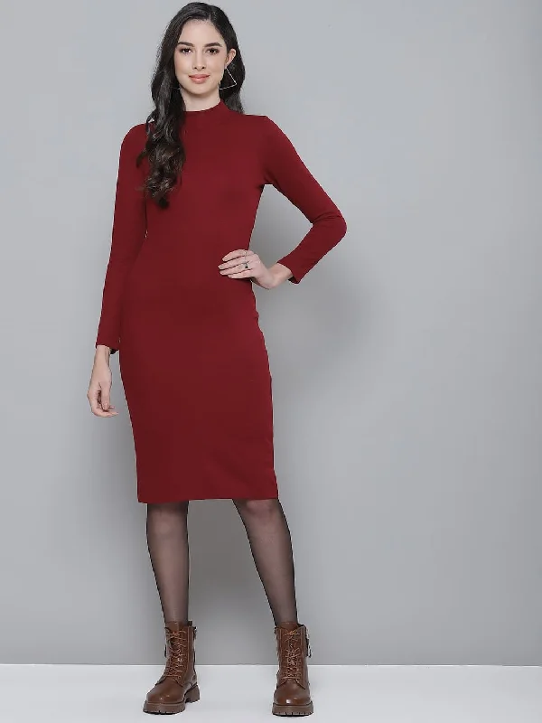 Dresses for date night-Maroon Rib Turtle Neck Zipped Bodycon Dress