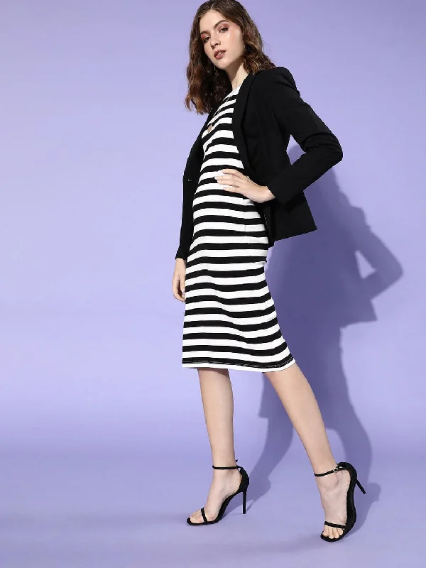 Dresses for kids-Black & White Stripe Rib Bodycon Dress