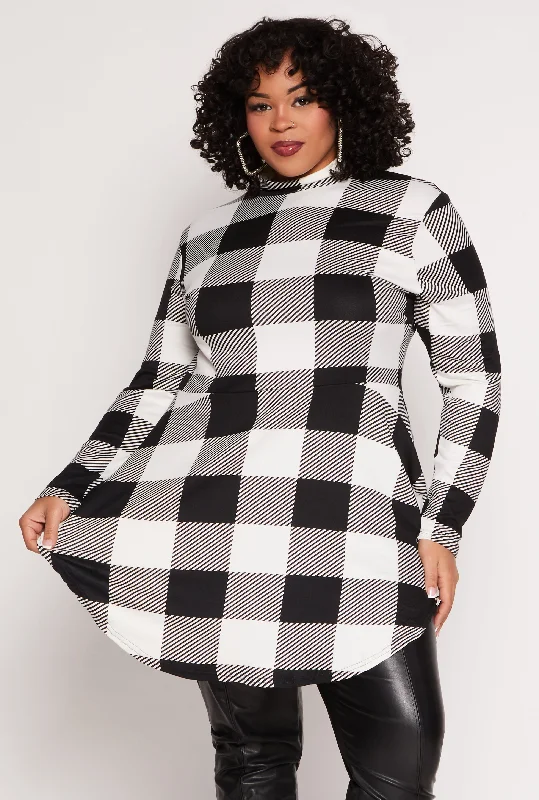 Plus Size Buffalo Plaid Mock Neck Peplum Top