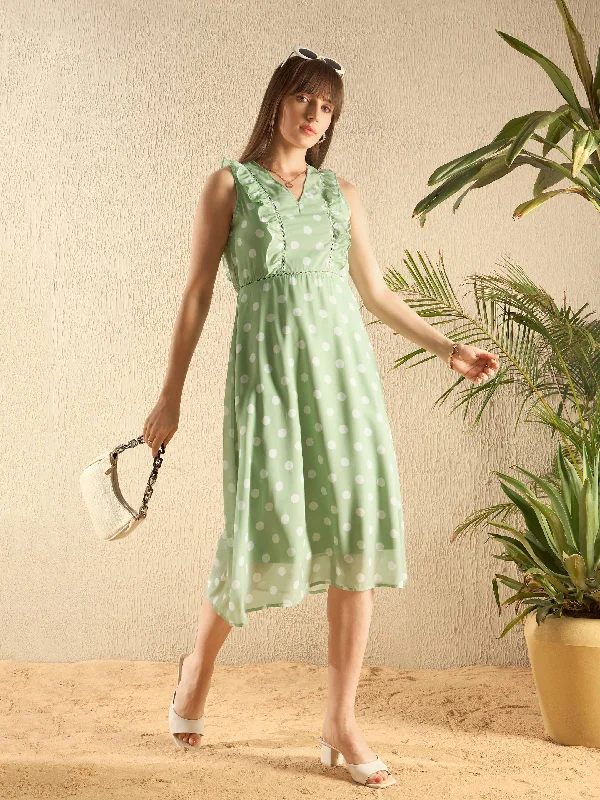 Dresses for flapper-Women Olive Polka Dot Midi Dress