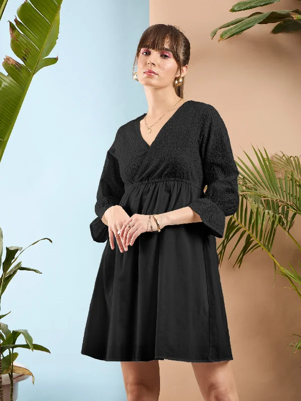 Dresses for wedding-Women Black Schiffli Wrap Neck Short Dress