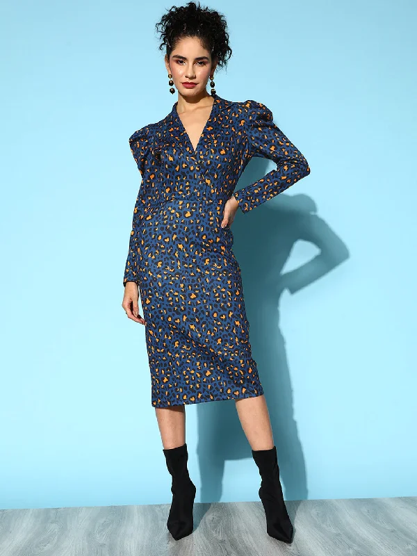 Dresses for special occasions-Women Navy Cheetah Scuba Wrap Bodycon Midi Dress