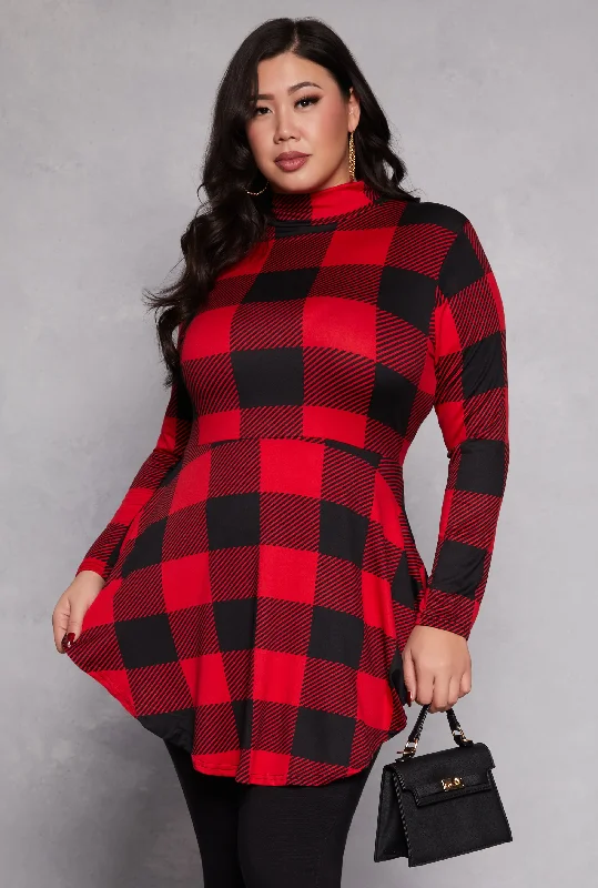 Plus Size Buffalo Plaid Mock Neck Peplum Top