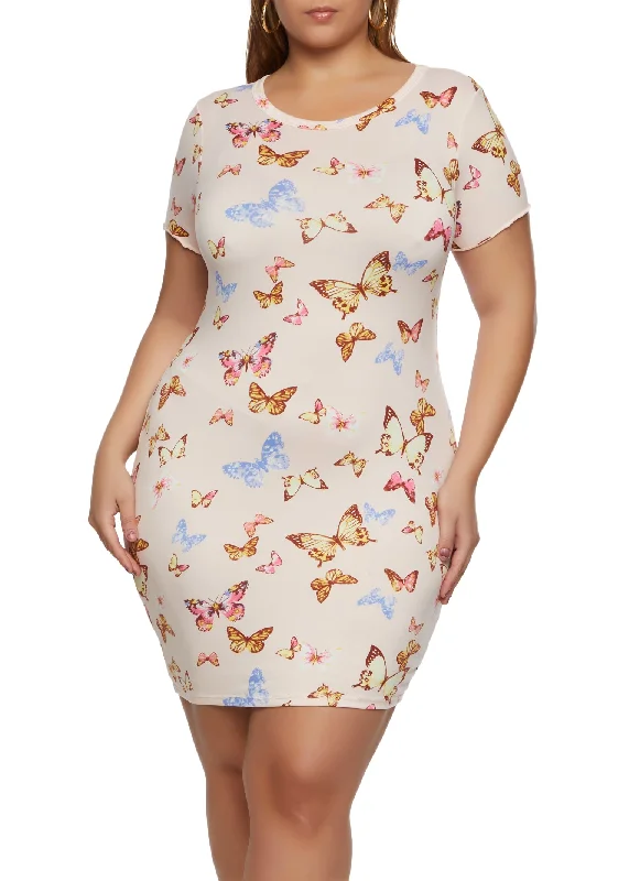 Dresses for maxi length-Plus Size Butterfly Printed T Shirt Dress