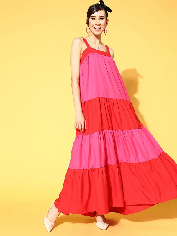 Dresses for iconic look-Women Red & Fuchsia ColourBlock Tiered Maxi Dress