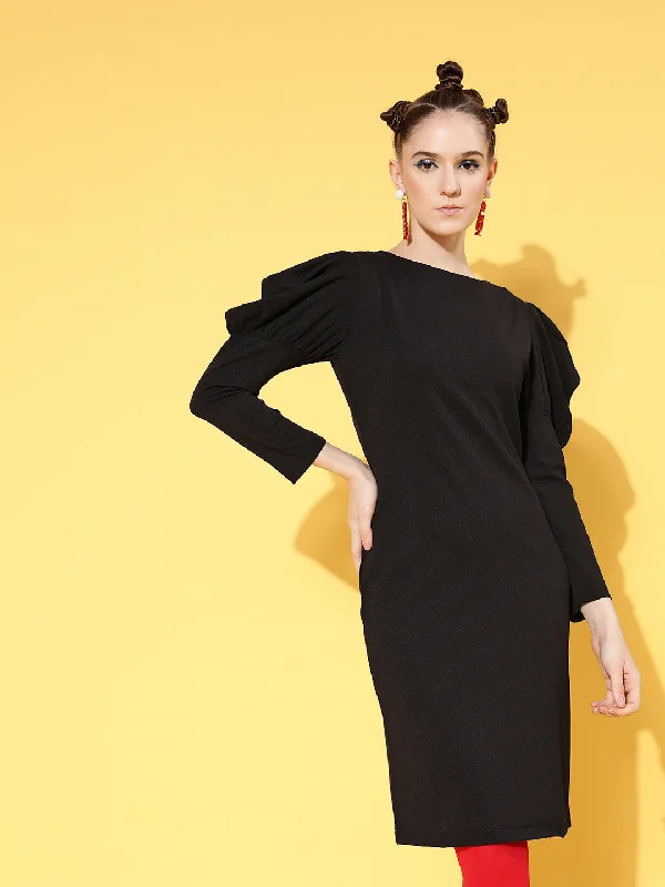 Dresses for white tie event-Women Black Canton Puff Sleeves Mini Bodycon Dress