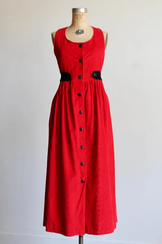 Dresses for cocktail party-1990s Red Corduroy Jumper Dress