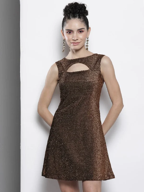 Dresses for budget style-Women Gold Lurex Front Moon Cut A-Line Dress