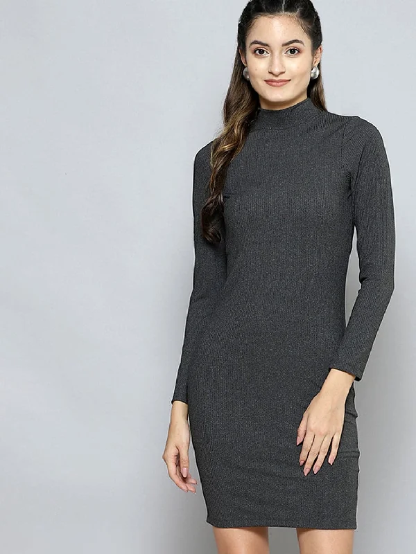 Dresses for limited edition-Women Dark Grey Rib High Neck Short Bodycon Dress