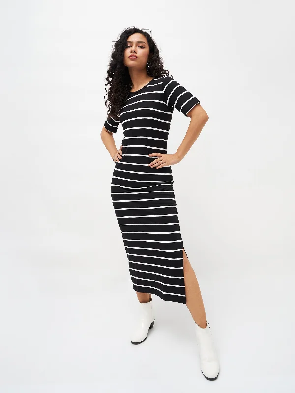 Dresses for tea party-Women Black White Stripe Maxi