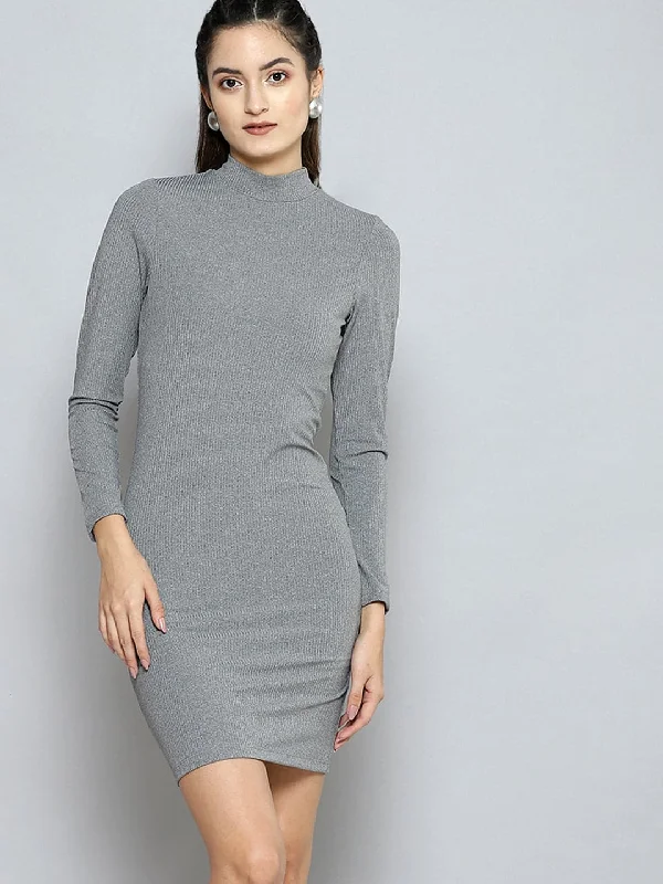 Dresses for seasonal drop-Women Grey Rib High Neck Short Bodycon Dress